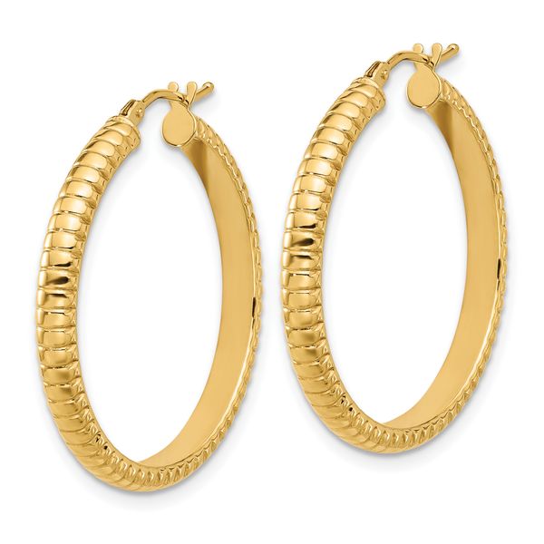 14K Polished and Textured Round Hoop Earrings - Image 2