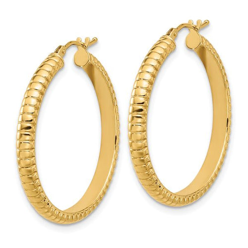14K Polished and Textured Round Hoop Earrings - Image 2