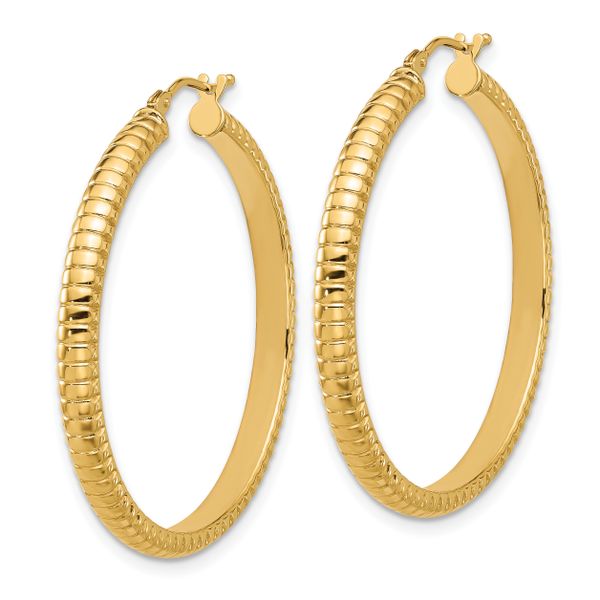 14K Polished and Textured Round Hoop Earrings - Image 2