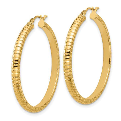 14K Polished and Textured Round Hoop Earrings - Image 2