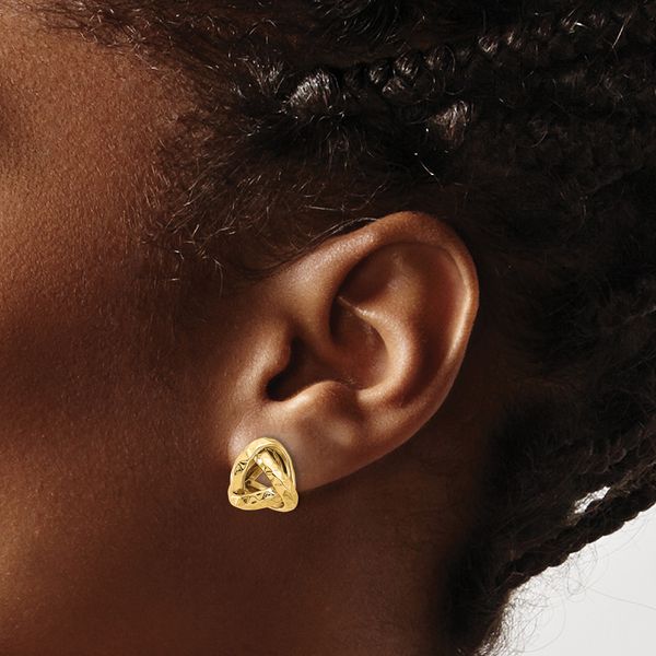 14K Polished and Diamond-cut Triangle Love Knot Post Earrings - Image 3