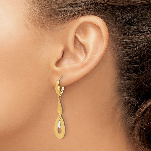 14K Two-tone Polished Teardrop Dangle Leverback Earrings - Image 3