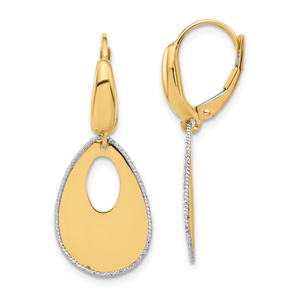 Leslie's 14K Two-tone Polished and Dia-cut Teardrop Dangle LeverbackEarring