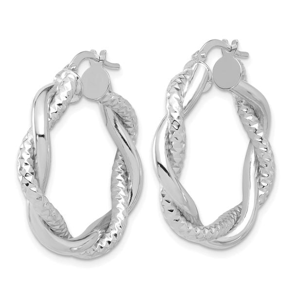14K White Gold Polished and Textured Twisted Round Hoop Earrings - Image 2