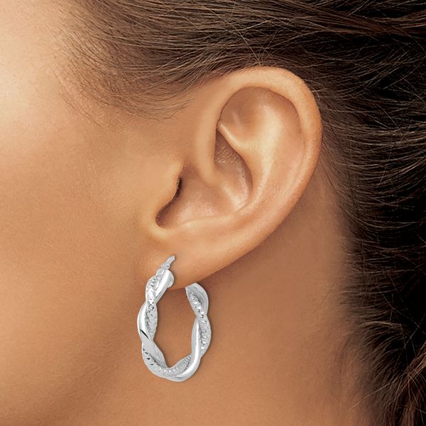 14K White Gold Polished and Textured Twisted Round Hoop Earrings - Image 3