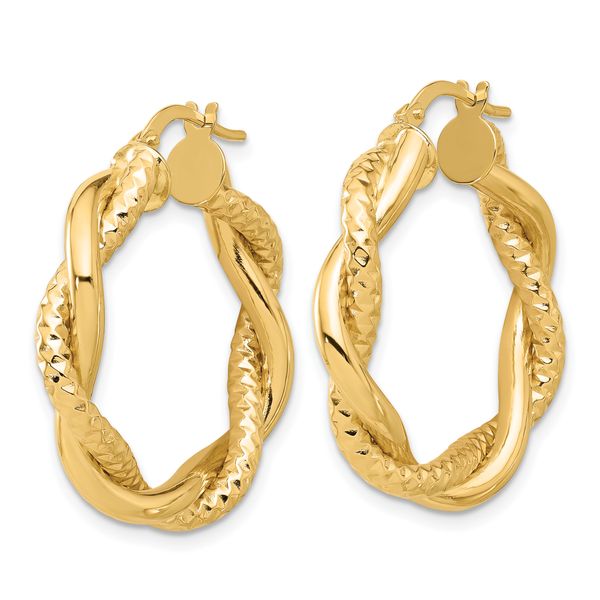 14K Polished and Textured Twisted Round Hoop Earrings - Image 2