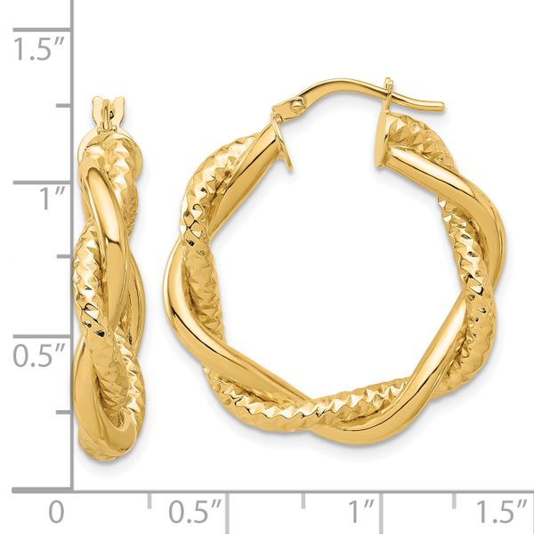 14K Polished and Textured Twisted Round Hoop Earrings - Image 4