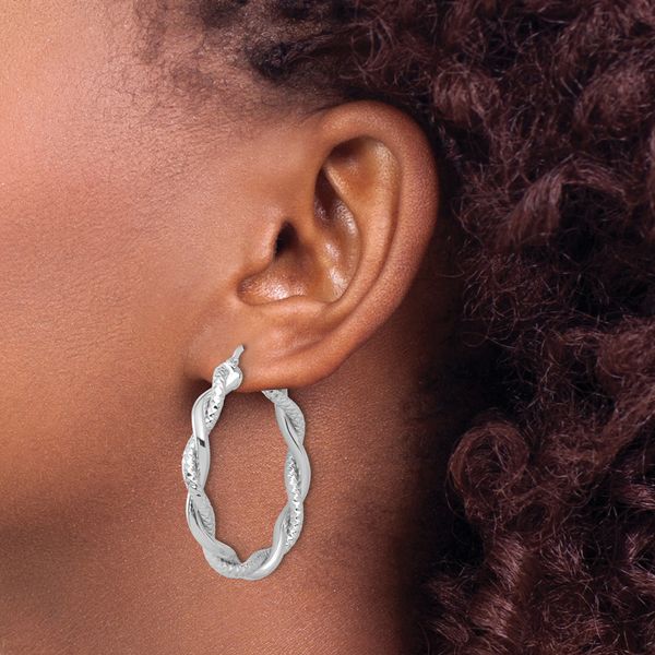 Leslie's 14K White Gold Polished and Textured Twisted Round Hoop Earrings - Image 3