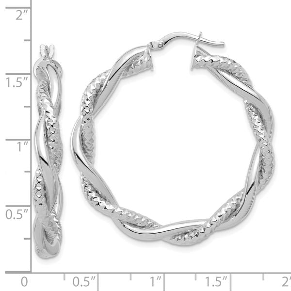 Leslie's 14K White Gold Polished and Textured Twisted Round Hoop Earrings - Image 4