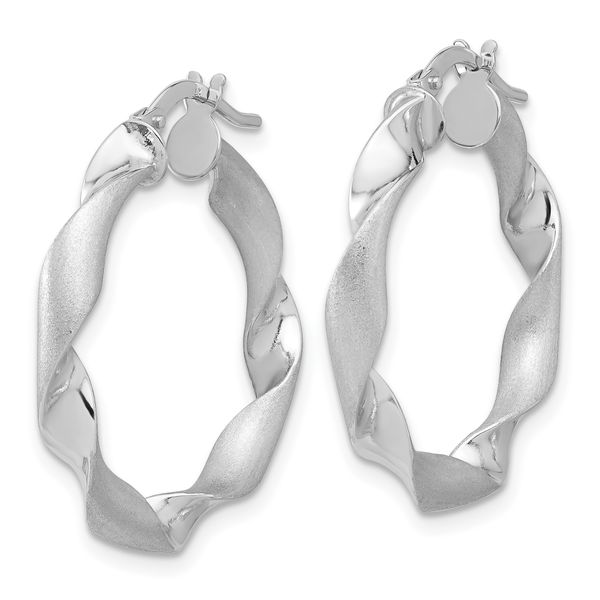 14K White Gold Polished and Brushed Twisted Hoop Earrings - Image 2