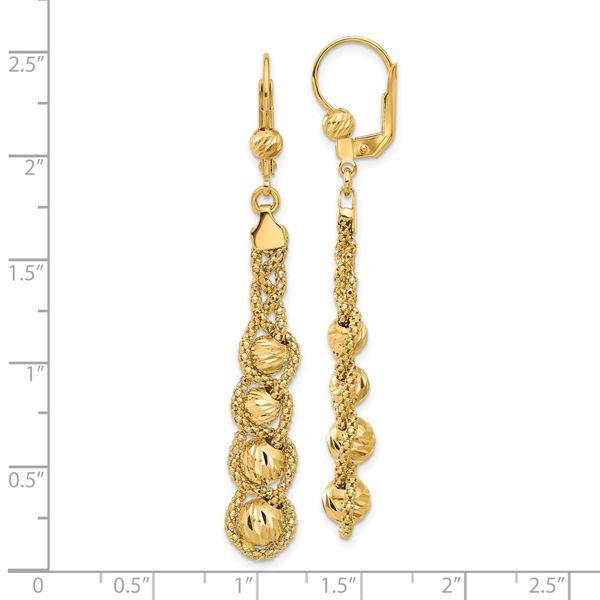14K Polished Textured and Dia-cut Beaded Leverback Earrings - Image 4