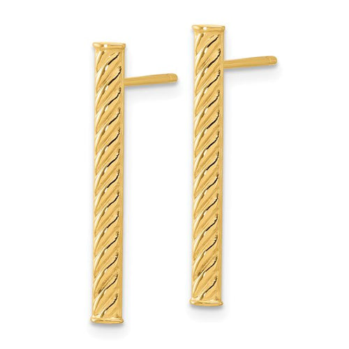 14K Polished and Textured Bar Post Earrings - Image 2