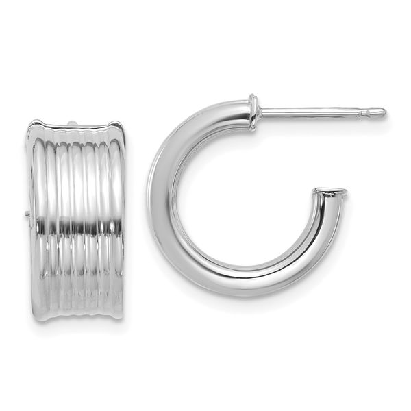 14K w/ White RH Plating Polished and Grooved J-Hoop Post Earrings