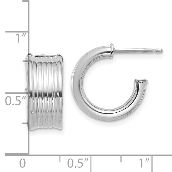 14K w/ White RH Plating Polished and Grooved J-Hoop Post Earrings - Image 4