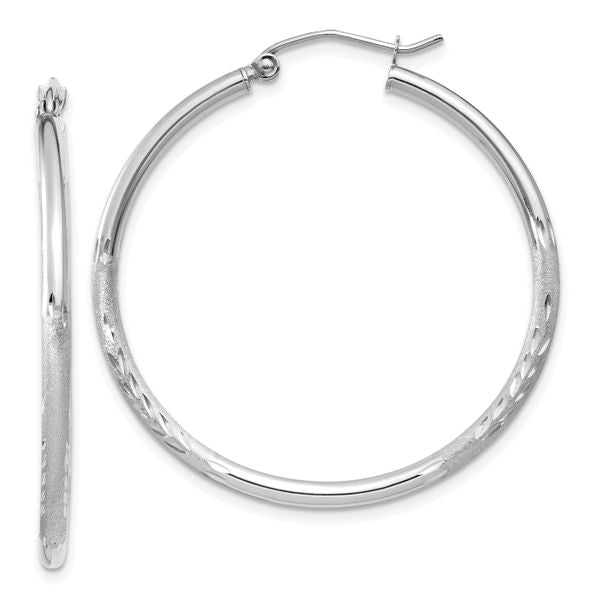 Leslie's 14k White Gold Satin and D/C 2mm Round Hoop Earrings