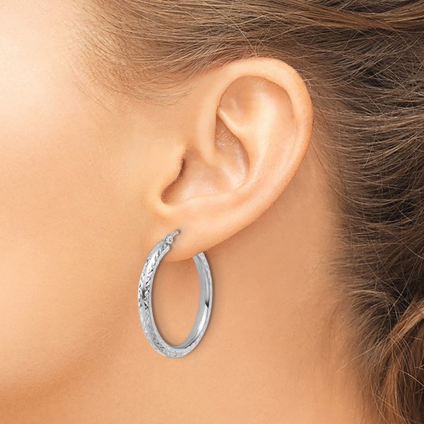 Leslie's 14k White Gold Diamond-cut 3mm Round Hoop Earrings - Image 3