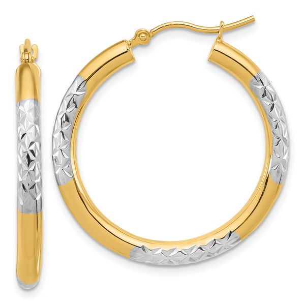 Leslie's 14k with Rhodium Diamond Cut 3mm Hoop Earrings