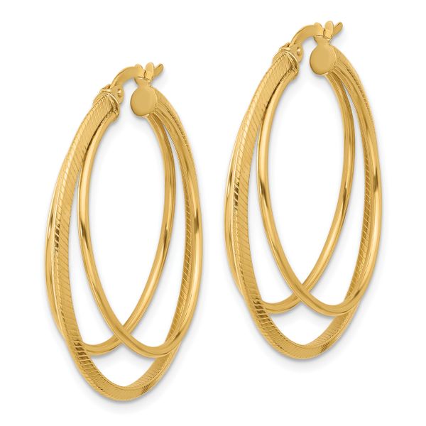 14K Polished and Textured Triple Row Hoop Earrings - Image 2