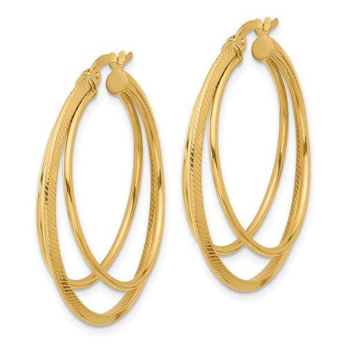 14K Polished and Textured Triple Row Hoop Earrings - Image 2