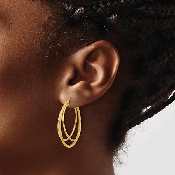 14K Polished and Textured Triple Row Hoop Earrings - Image 3