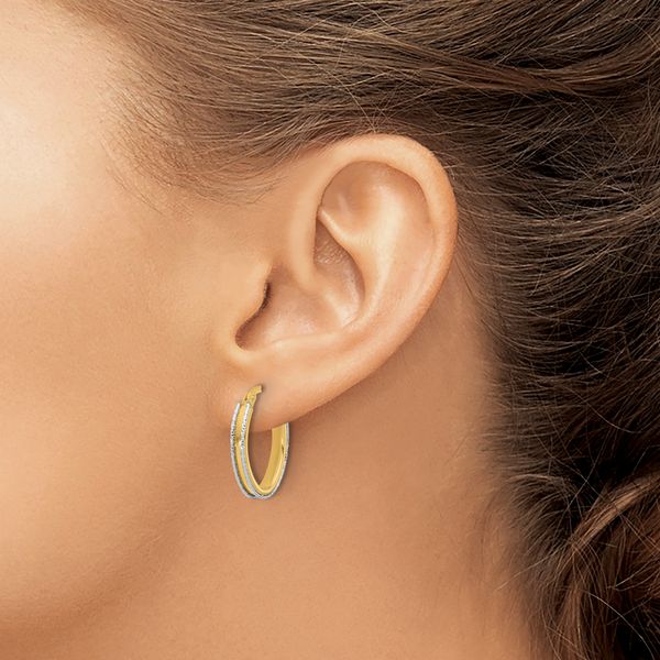 Leslie's 14K Two-tone Polished and Diamond-cut Oval Hoop Earrings - Image 3
