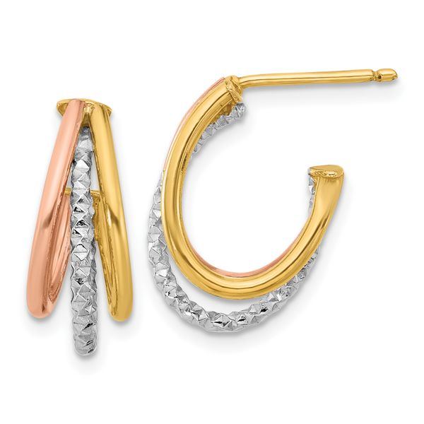 Leslie's 14K with White Rhodium and Rose Gold Plating Textured 3 Row Post J-Hoop Earrings
