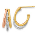 Leslie's 14K with White Rhodium and Rose Gold Plating Textured 3 Row Post J-Hoop Earrings