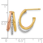 Leslie's 14K with White Rhodium and Rose Gold Plating Textured 3 Row Post J-Hoop Earrings - Image 4