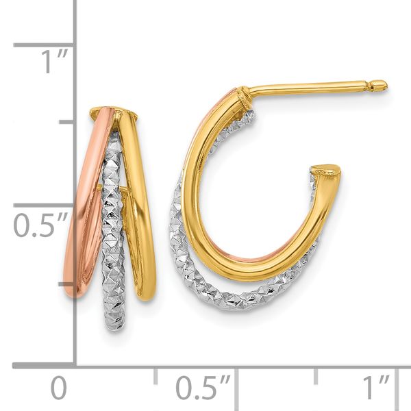 Leslie's 14K with White Rhodium and Rose Gold Plating Textured 3 Row Post J-Hoop Earrings - Image 4