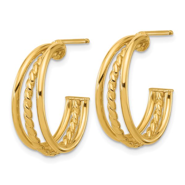 Leslie's 14K Polished and Textured 3-Row Round J-Hoop Post Earrings - Image 2