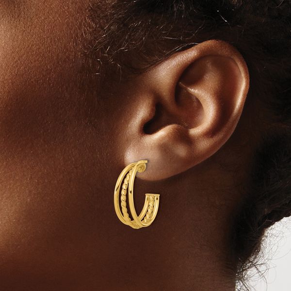 Leslie's 14K Polished and Textured 3-Row Round J-Hoop Post Earrings - Image 3