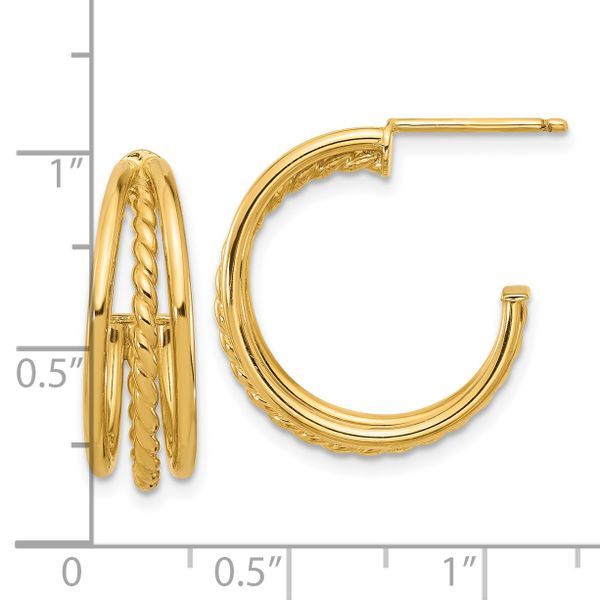 Leslie's 14K Polished and Textured 3-Row Round J-Hoop Post Earrings - Image 4