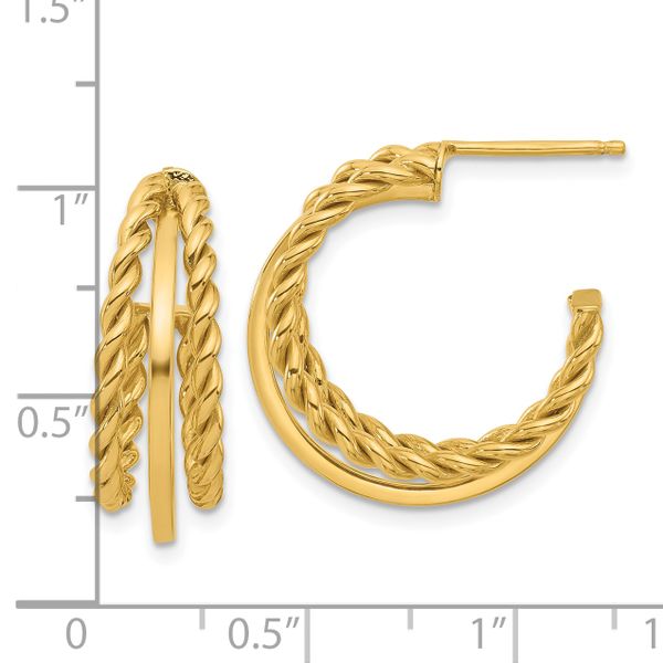 Leslie's 14K Polished and Textured 3-Row Round J-Hoop Post Earrings - Image 4