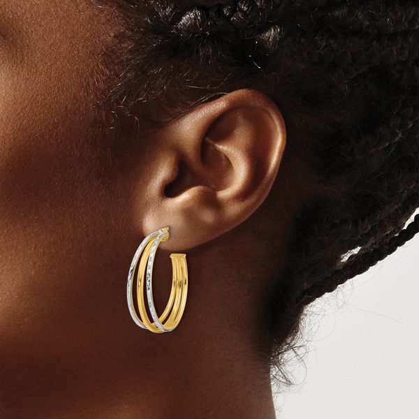 Leslie's 14K w/White Rhodium and D/C 3-Row Round J-Hoop Post Earrings - Image 3