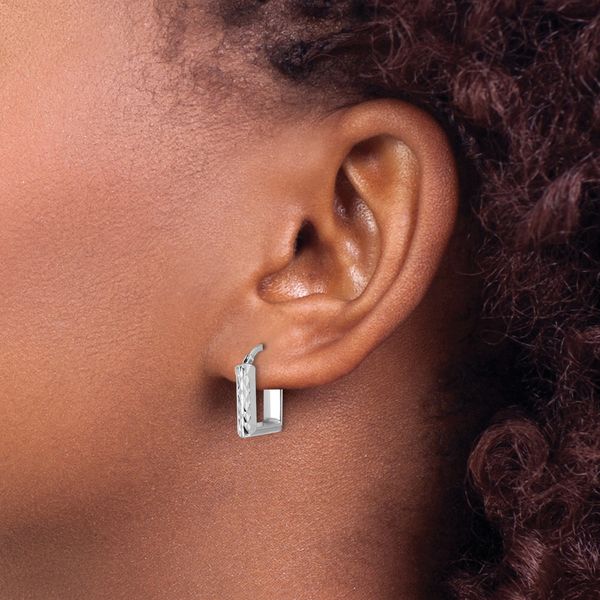 Leslie's 14K w/White RH-plat Polished/Dia-cut Square Hoop Earrings - Image 3