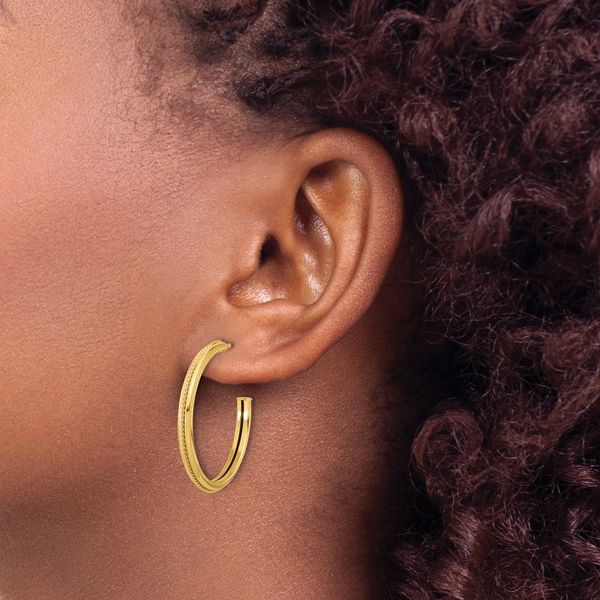 Leslie's 14K Polished and Textured Round J-Hoop Earrings - Image 3