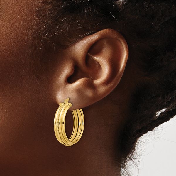 Leslie's 14K Polished and Textured Round Hoop Earrings - Image 3