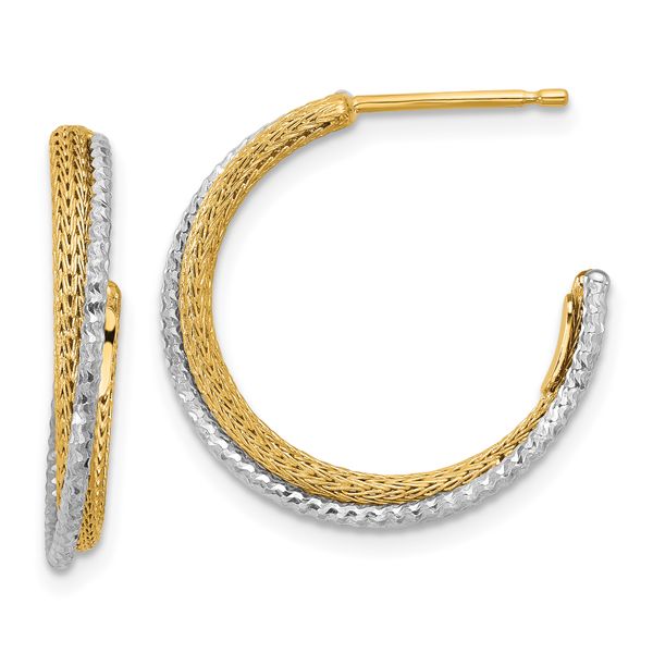 Leslie's 14K w/Rhodium Polished/Textured/Dia-cut J-Hoop Earrings