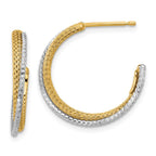 Leslie's 14K w/Rhodium Polished/Textured/Dia-cut J-Hoop Earrings