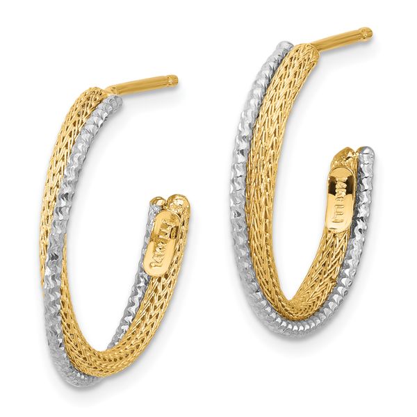Leslie's 14K w/Rhodium Polished/Textured/Dia-cut J-Hoop Earrings - Image 2