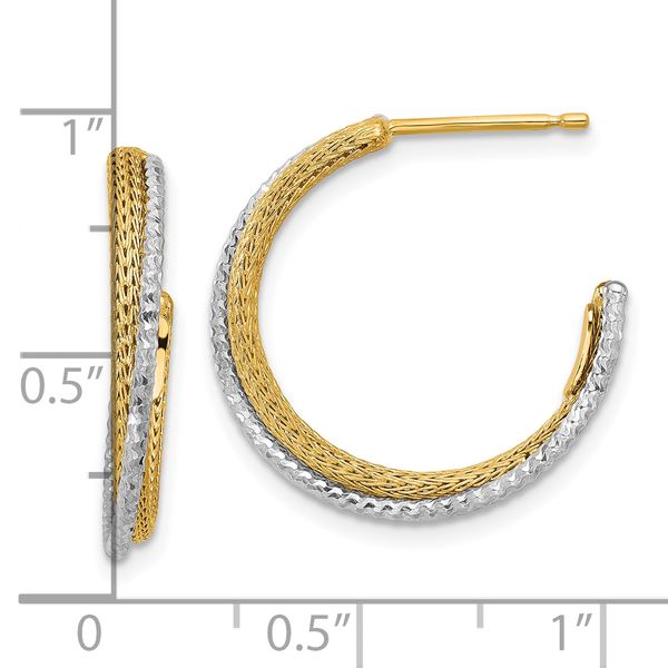 Leslie's 14K w/Rhodium Polished/Textured/Dia-cut J-Hoop Earrings - Image 4
