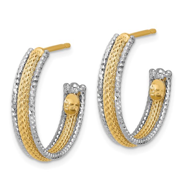 Leslie's 14K w/Rhodium Polished/Textured/Dia-cut J-Hoop Earrings - Image 2