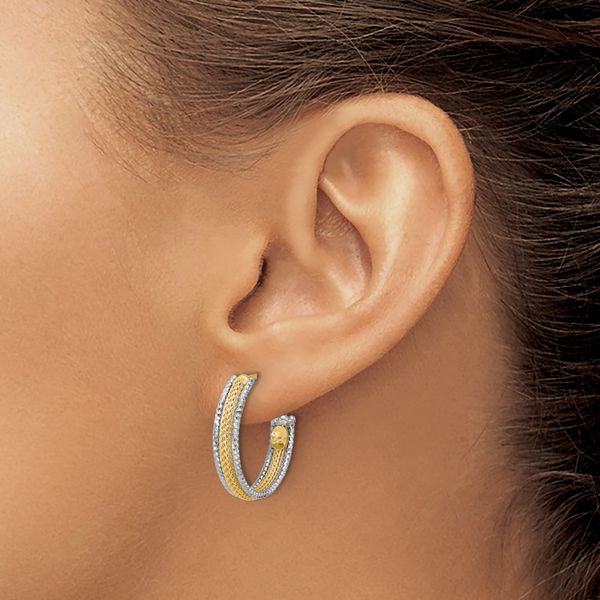Leslie's 14K w/Rhodium Polished/Textured/Dia-cut J-Hoop Earrings - Image 3