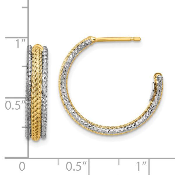 Leslie's 14K w/Rhodium Polished/Textured/Dia-cut J-Hoop Earrings - Image 4