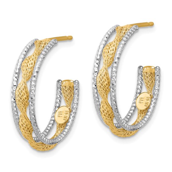 Leslie's 14K w/Rhodium Polished/Textured/Dia-cut Twist J-Hoop Earrings - Image 2