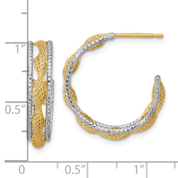 Leslie's 14K w/Rhodium Polished/Textured/Dia-cut Twist J-Hoop Earrings - Image 4