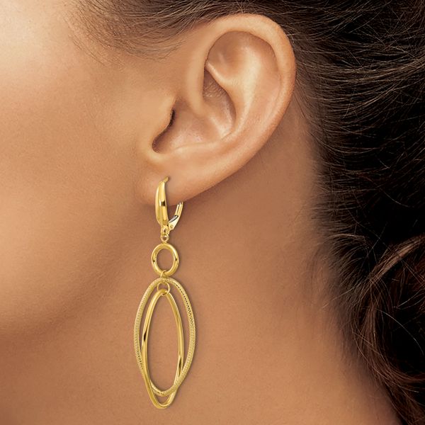 Leslie's 14k Polished and Textured Oval Dangle Leverback Earrings - Image 3
