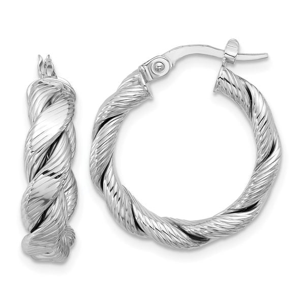 Leslie's 14k with White Rhodium Plating Polished and Textured Twisted Hoop Earrings