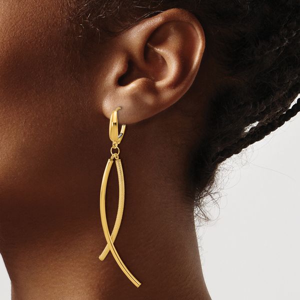 Leslie's 14k Polished and Textured Tube Dangle Leverback Earrings - Image 3