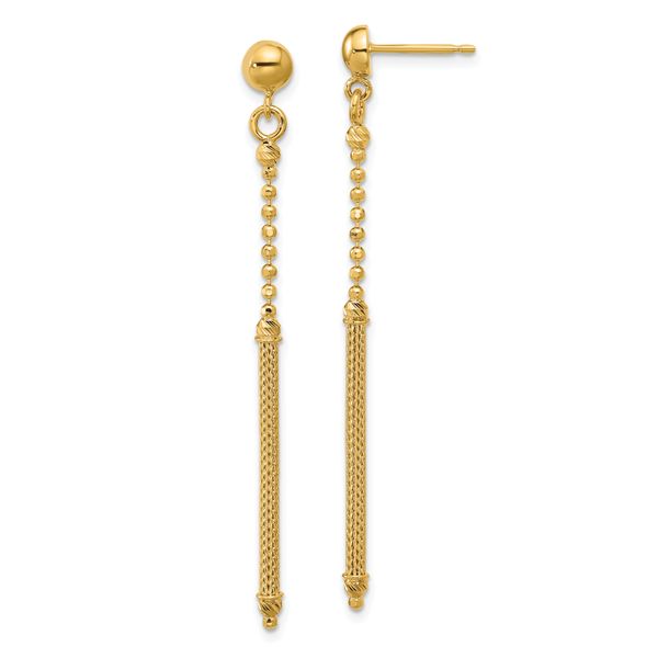 Leslie's 14K Polish/Texture/Dia-cut Bead w/Bar Dangle Post Earrings